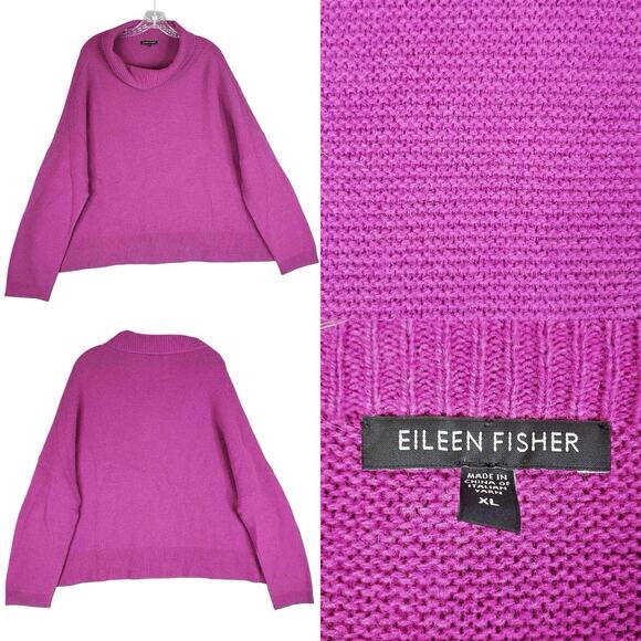 Eileen Fisher Sweater Womens XL Mock Neck Wool Alpaca Blend Pullover Knit Purple - Picture 1 of 8